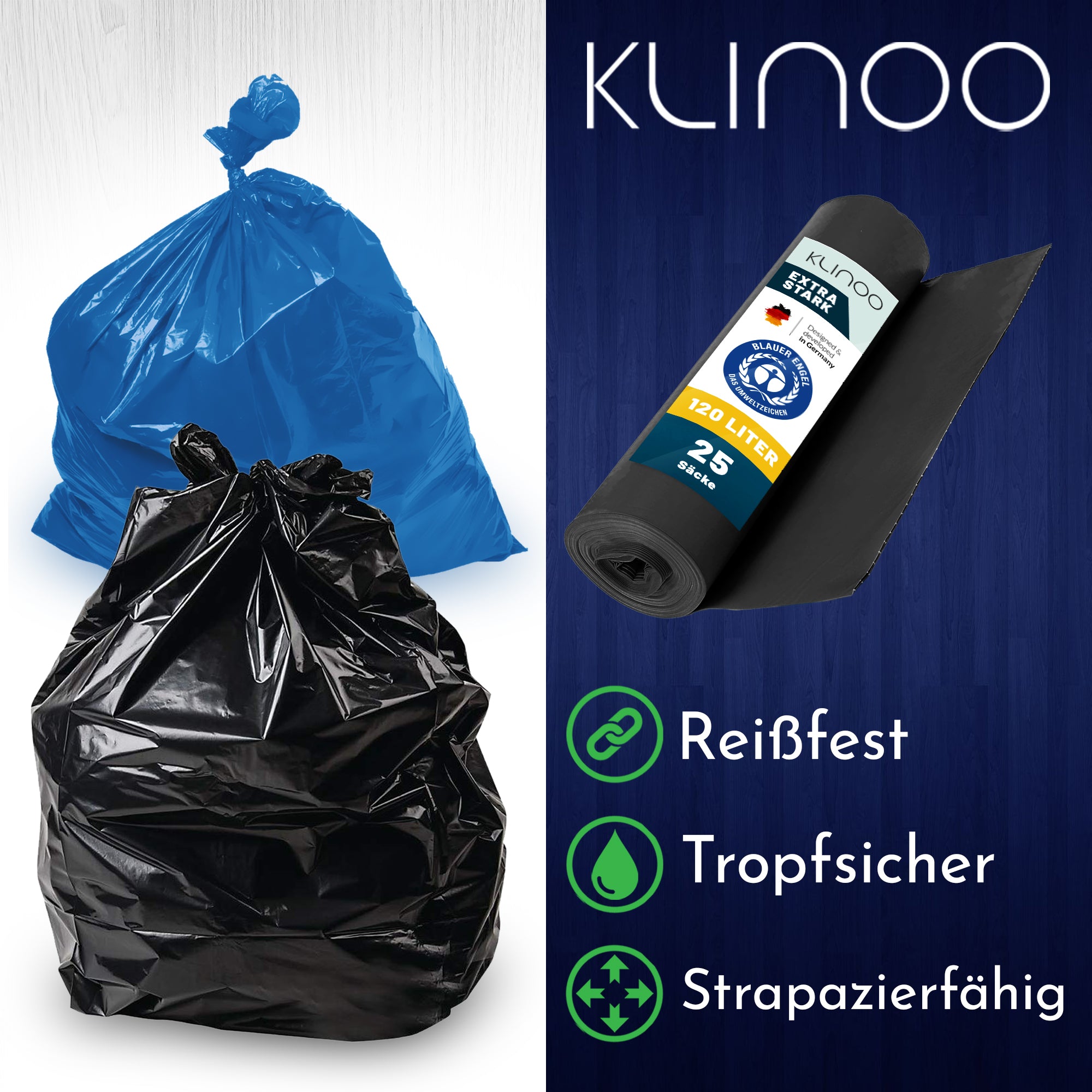 Extra Starke schwarze Müllbeutel 120 Liter - Reißfeste Müllsäcke XXL T –  KLINOO-Shop